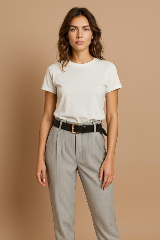 Παντελόνι casual άνετο με λάστιχο στη μέση, γκρι με ρίγα