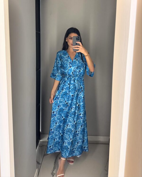 Φόρεμα κρουαζέ με λουλούδια & χρυσοτυπία,λάστιχο στη μέση και κοντά μανίκια