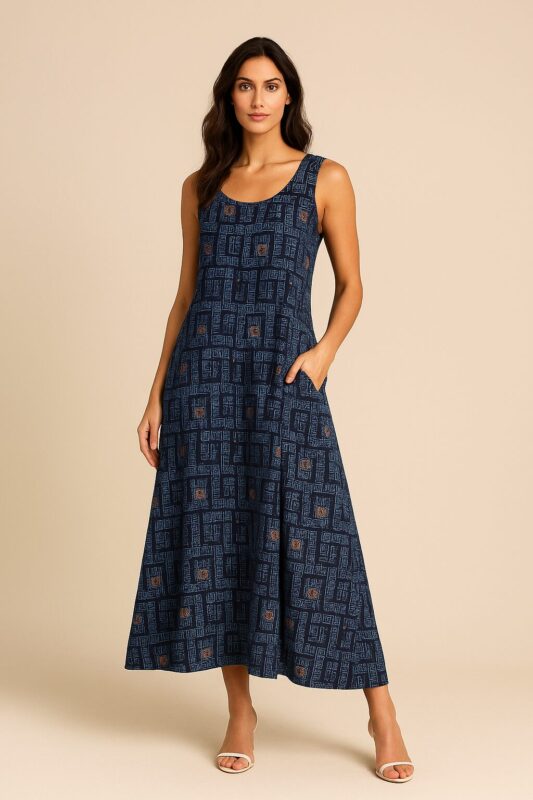 Φόρεμα Μακρύ Αμάνικο με Γεωμετρικό Μοτίβο Μαίανδρος – Μπλε Αποχρώσεις